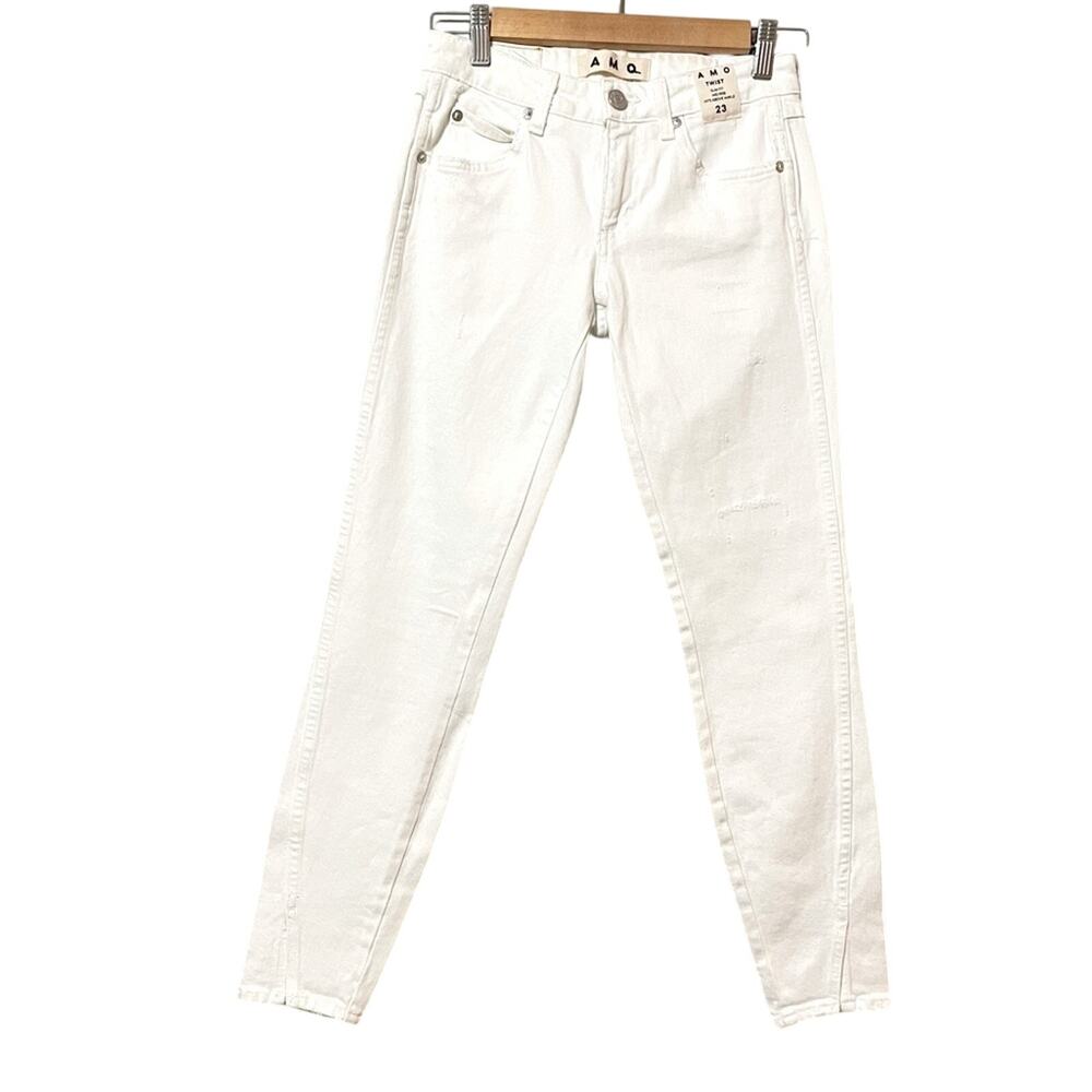 AMO White Twist Sea Salt Raw Hem Distressed Slim Fit Jeans Mid Rise Womens 23